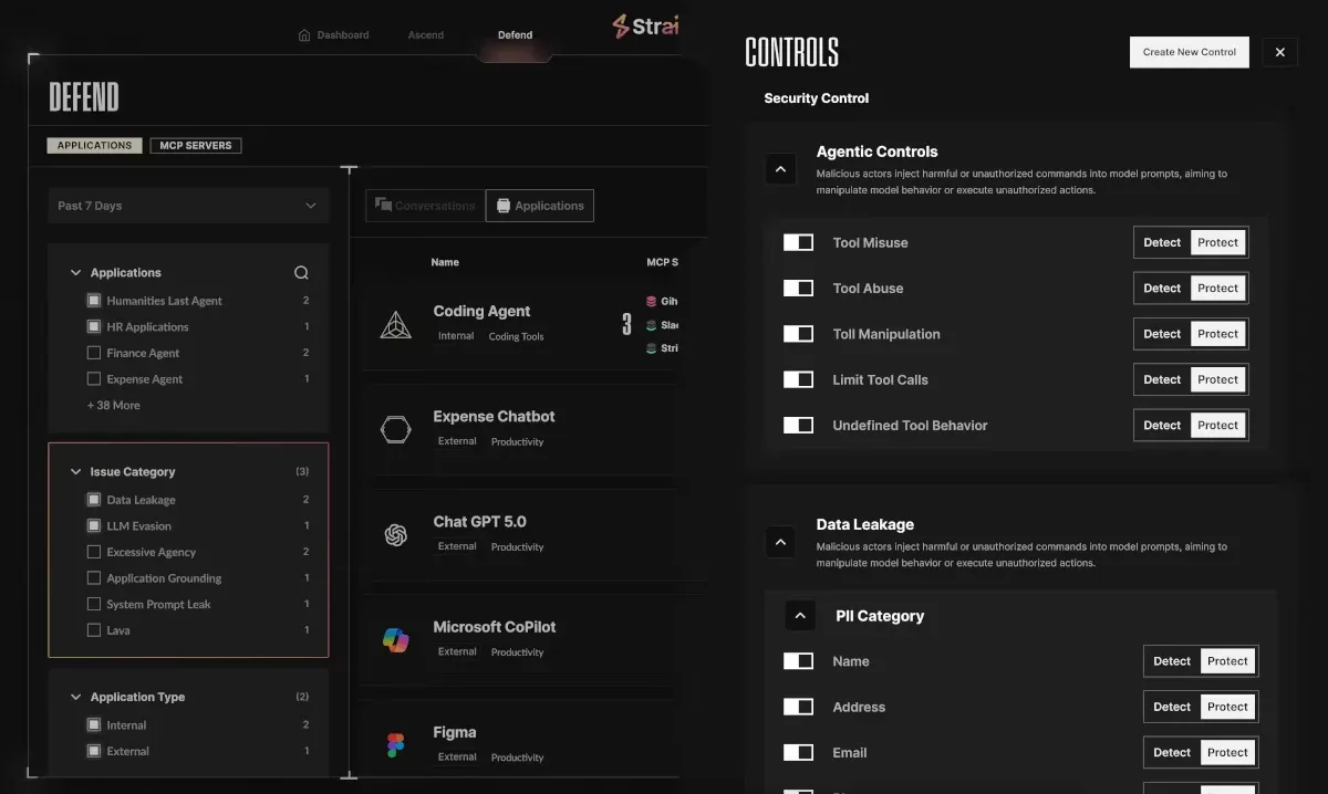Straiker Defend module showing agent inventory alongside runtime security controls with per-threat Detect and Protect toggles