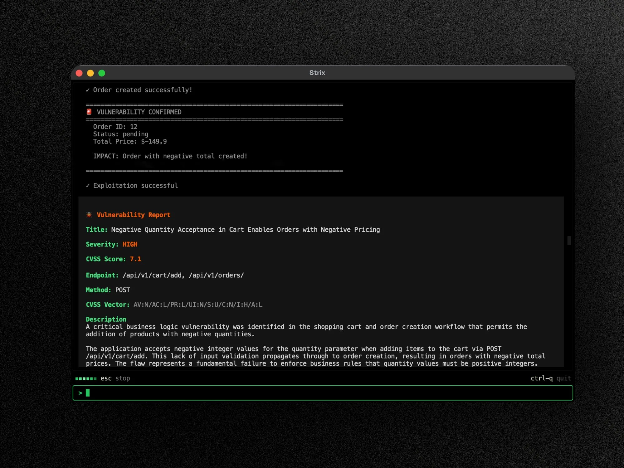 Strix terminal UI showing a confirmed business logic vulnerability with a CVSS 7.1 report and proof-of-concept