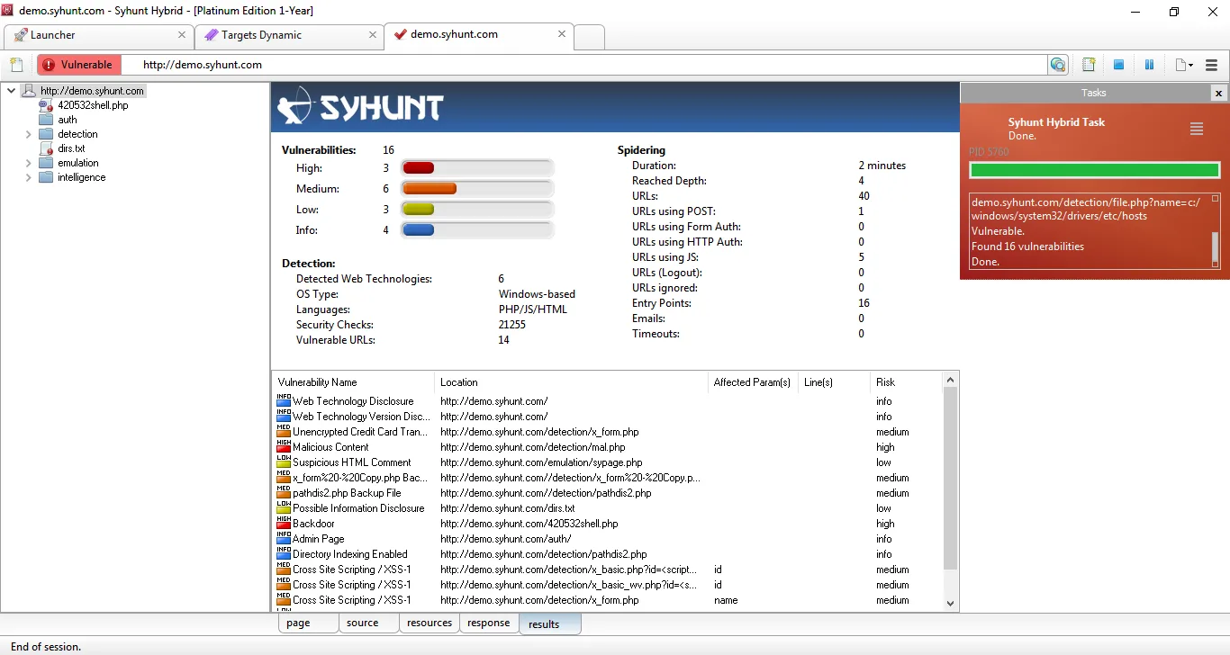 Syhunt Dynamic scan interface showing vulnerability detection results
