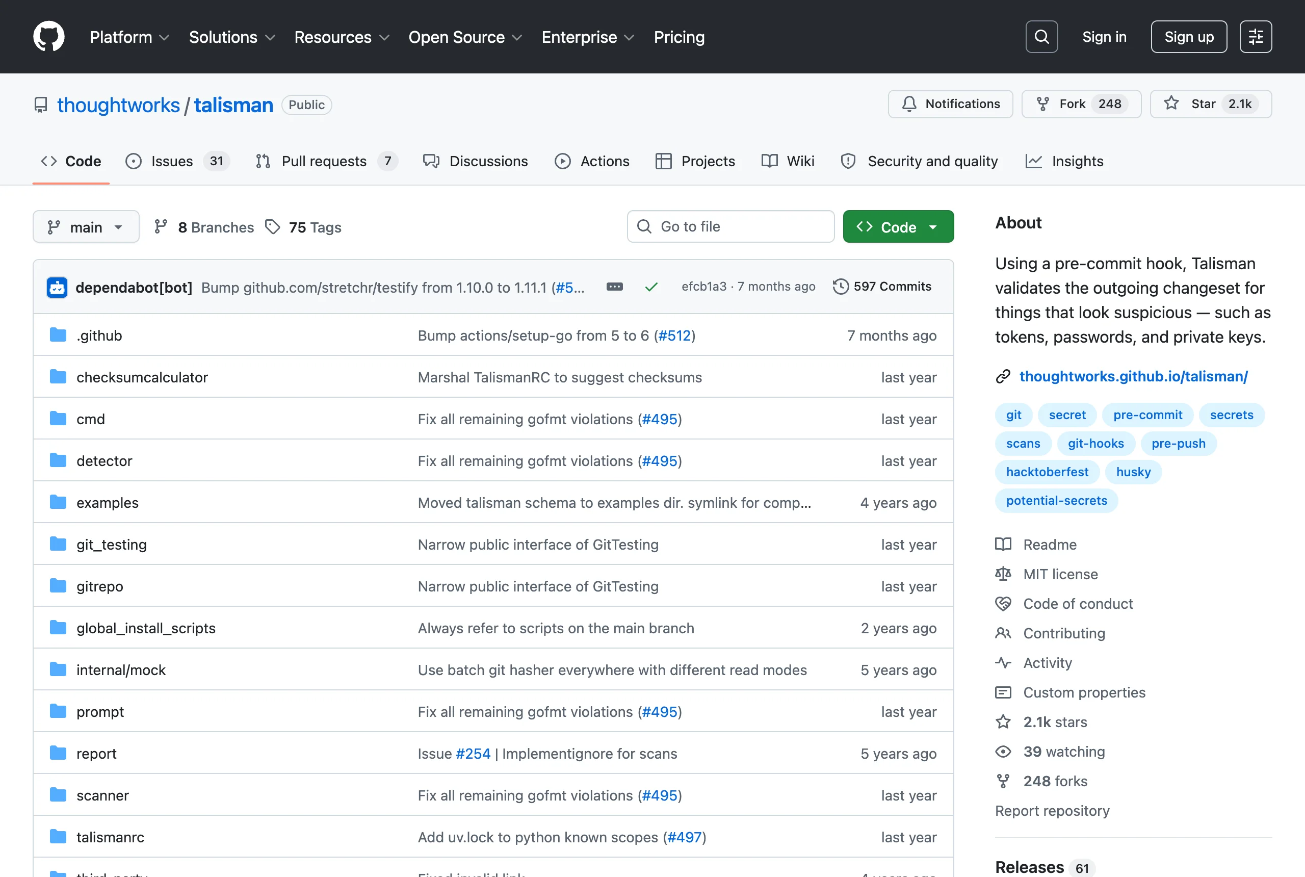 thoughtworks/talisman GitHub repository page showing the MIT-licensed pre-commit and pre-push secret scanner, files, and README
