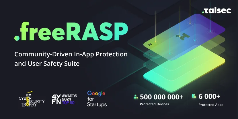 freeRASP community-driven in-app protection suite banner with platform support and awards
