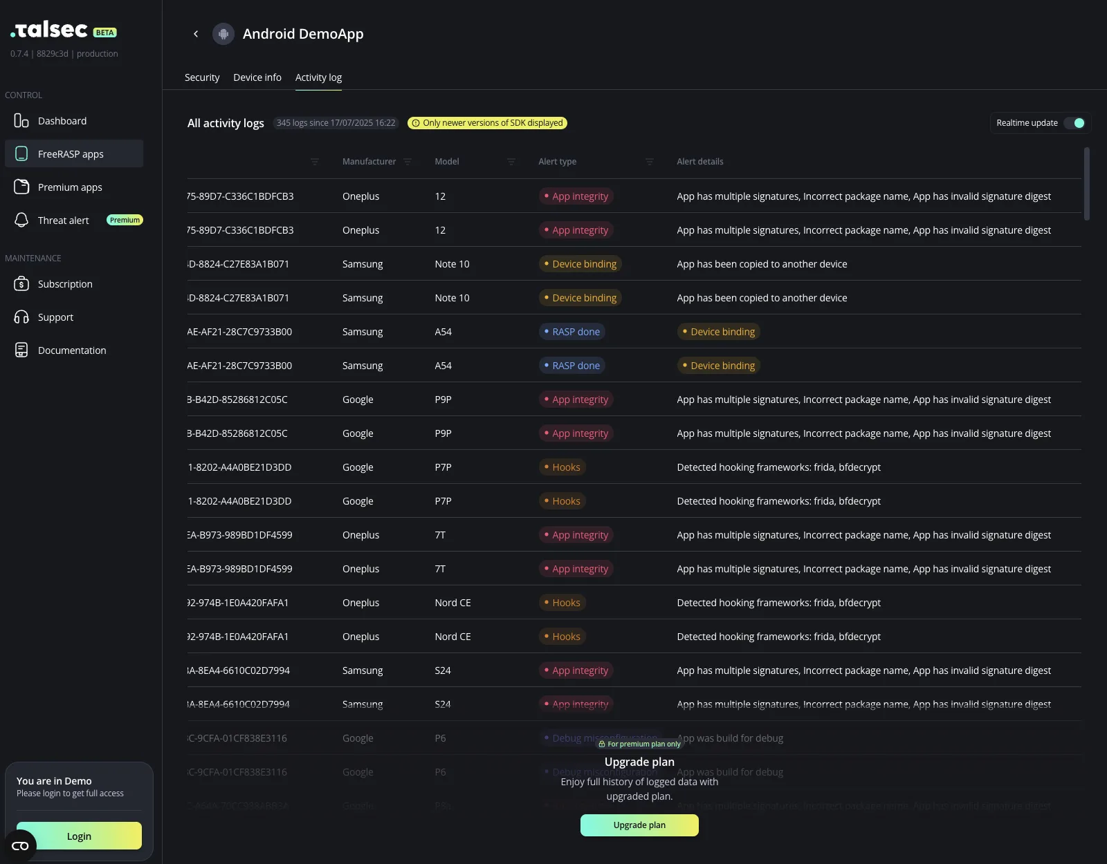 Talsec Portal activity log listing per-device alerts with manufacturer, model, alert type, and details