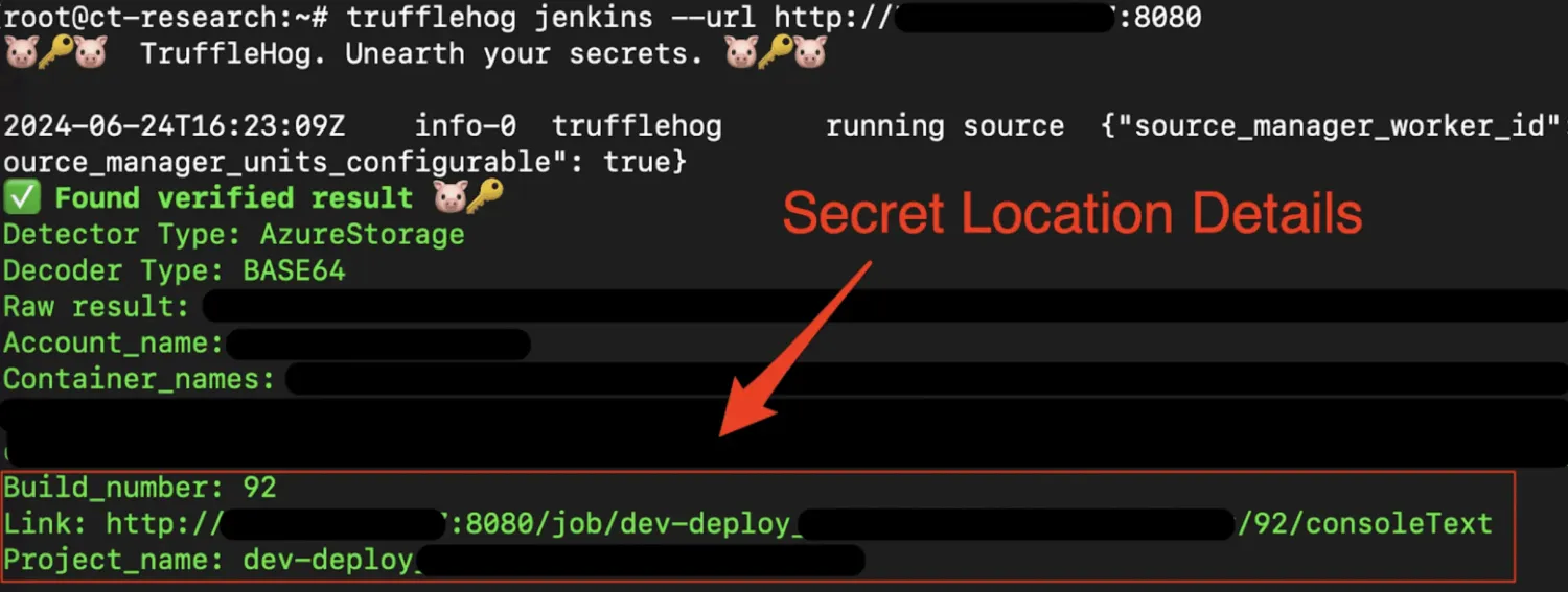 TruffleHog scanning Jenkins logs and finding a verified AzureStorage secret with build number, project name, and secret location details highlighted