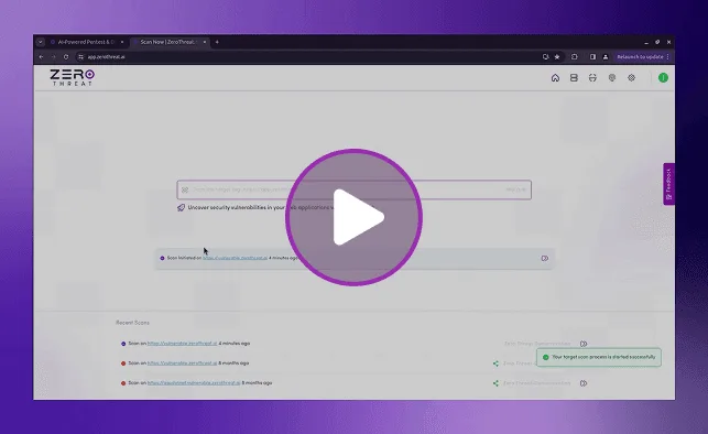 ZeroThreat scan initiation screen showing URL input and recent scan history