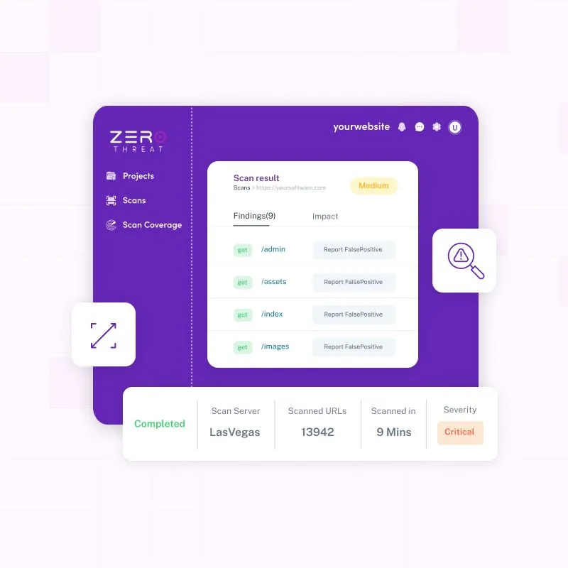 ZeroThreat DAST scan results showing findings for a target with scanned URLs count and severity rating
