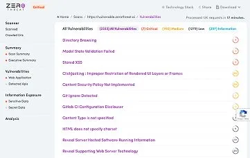 ZeroThreat vulnerability list showing severity counts, vulnerability types, and request processing stats