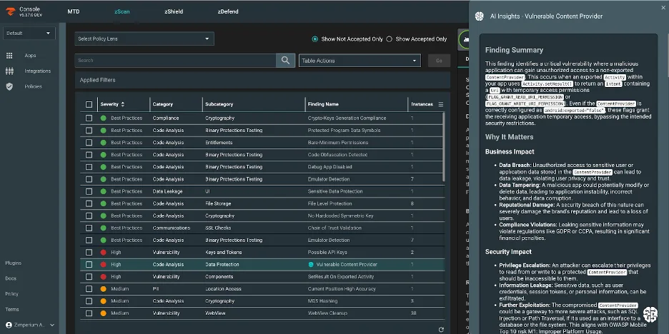 Zimperium zScan AI-enriched insights panel showing remediation recommendations